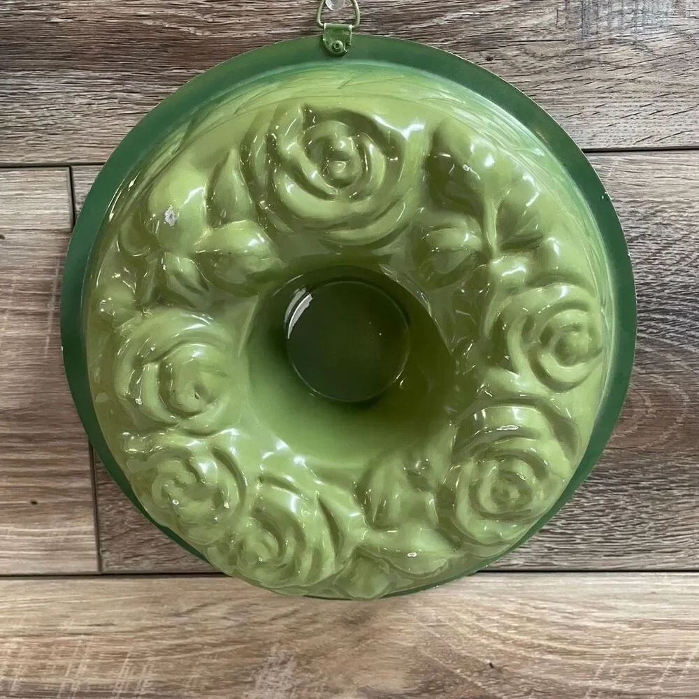 Rose Ring Jello® Mold AHC 1963 Ring of Roses Aluminum 9” Diam 5 Cup Green  Set 2